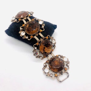 Vintage Topaz Glass Bracelet: Faux Pearl & Rhinestone Statement Jewelry