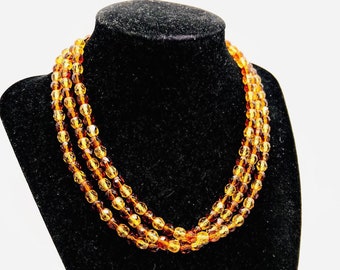 WEST GERMANY Triple Strand Faceted Topaz Glass Beaded Necklace Vintage Jewelry