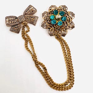 Ornate Filigree Bow & Blue Rhinestone Chatelaine Brooch Vintage Jewelry
