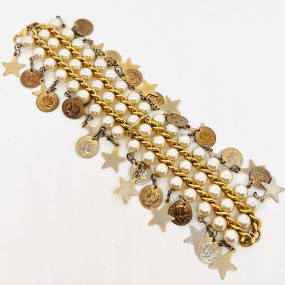 Wide 3 Row Faux Pearl Bracelet With Dangling Coins