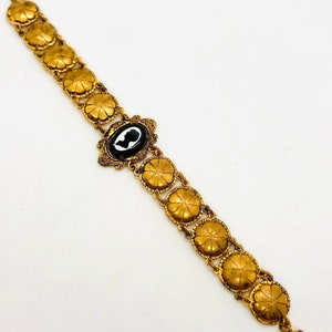 Victorian Revival Black Glass Cameo Bracelet Gilt Metal Links Vintage Antique Jewelry