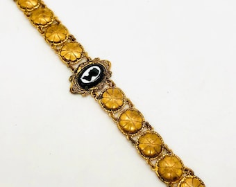 Victorian Revival Black Glass Cameo Bracelet Gilt Metal Links Vintage Antique Jewelry