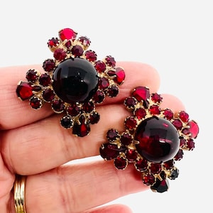 Large Cherry Red Glass Cabochon & Rhinestone Earrings Clip Backs Vintage Designer Jewelry