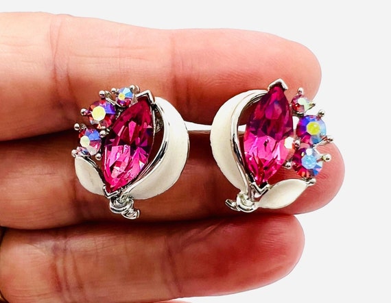LISNER Pink Rhinestone & White Enameled Earrings … - image 3