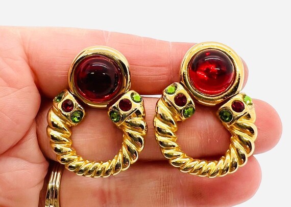 Red Cabochon & Rhinestone Mogul Door Knocker Earr… - image 1