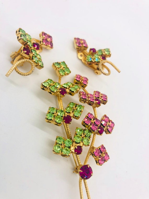 Beautiful Large Pink & Green Rhinestone Brooch an… - image 4