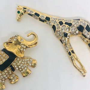 Lot 2 Rhinestone Enameled Animal Brooches Elephant Giraffe Vintage Designer Jewelry