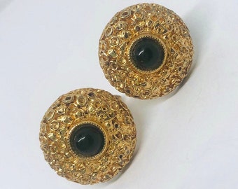 Large SWANK Faux Gold Nugget Cufflinks Onyx Glass Cabochon Signed Mens Vintage Suit Accessory