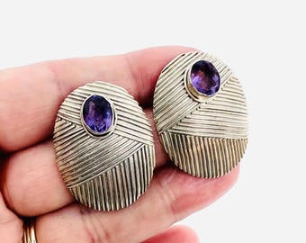 Large Sterling Silver 1.35ct Genuine Amethyst Grooved Earrings Gemstone Fine Vintage Jewelry