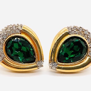 SWAROVSKI Emerald Green & Pave Set Clear Crystal Earrings Signed Vintage Designer Jewelry