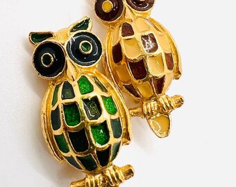 Lot of 2 FLORENZA Mosaic Enameled Owl Brooches Signed Vintage Designer Jewelry