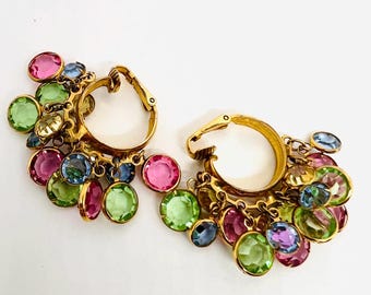 Pastel Colors Bezel Set Crystal Cha Cha Hoop Earrings Vintage Designer Jewelry