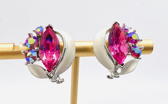 LISNER Pink Rhinestone & White Enameled Earrings … - image 1