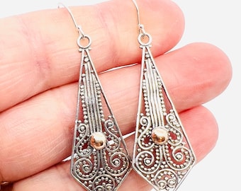 Vintage Sterling Silver 18k Gold Filigree Dangle Earrings