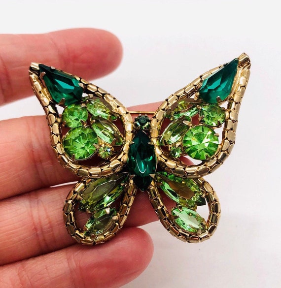 Large Glowing Green Rhinestone Butterfly Brooch Un
