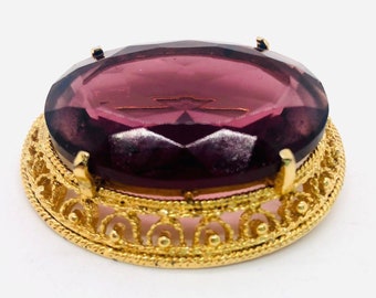 Large SPHINX Faceted Amethyst Glass Brooch Filigree Signed Vintage Designer Jewelry