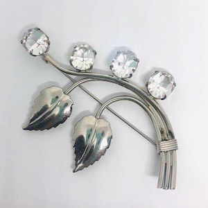 Large Sparkling Clear Rhinestone Flower Brooch Silver Tone Vintage Designer Jewelry