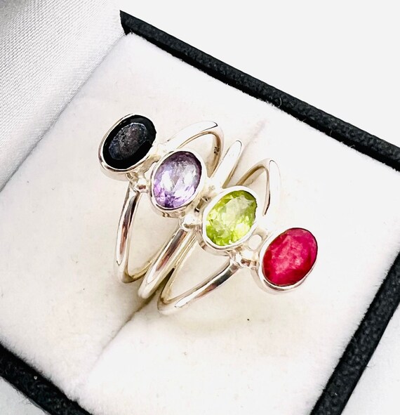 Long Sterling Silver Multi Gemstone Ring Ruby Peridot Plus Sz6.5
