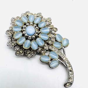 Blue Moonstone Glass & Clear Rhinestone Flower FUR CLIP Vintage/Antique Jewelry