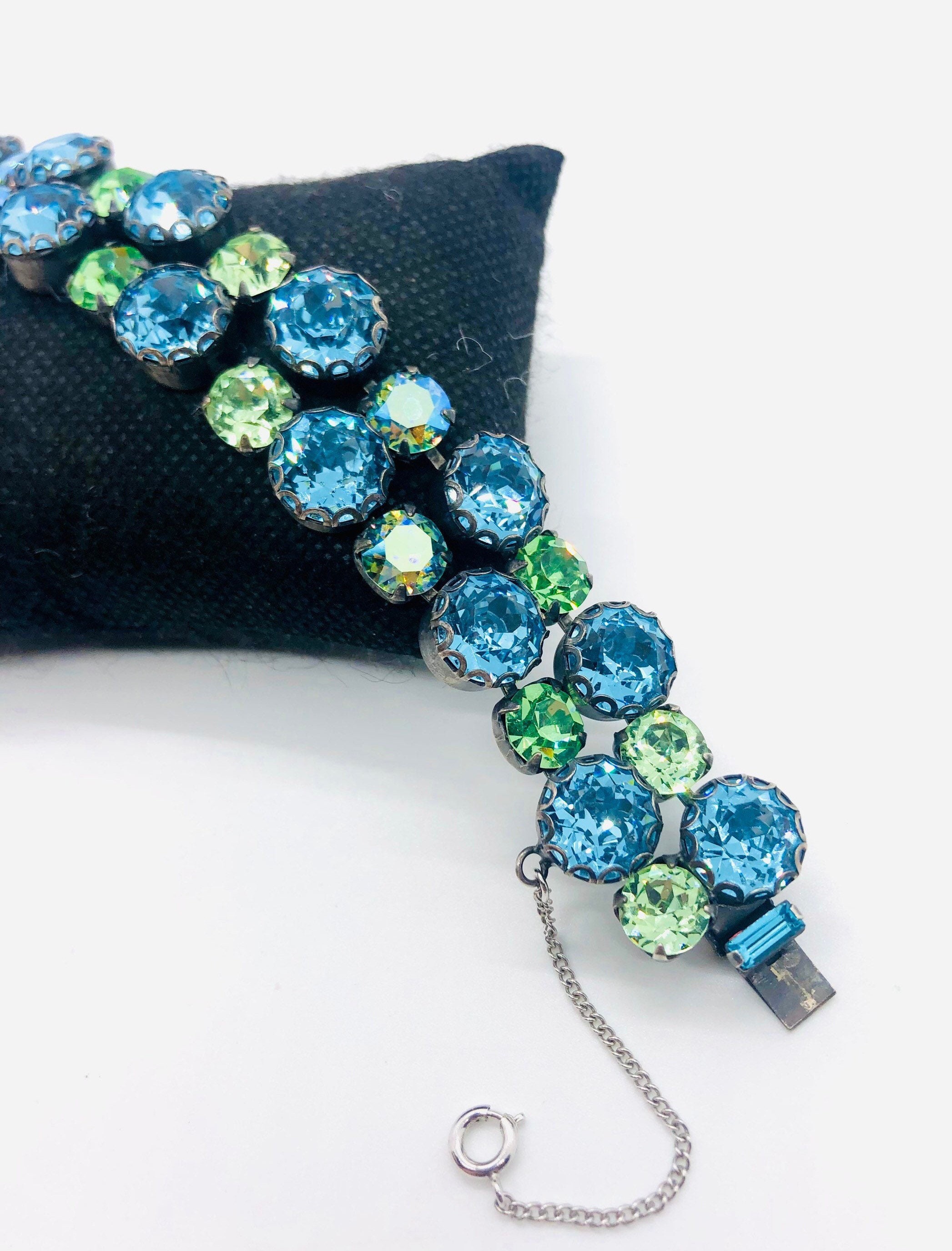 Wide REGENCY Blue & Green Headlight Rhinestone Bracelet Signed Vintage  Designer Jewelry 