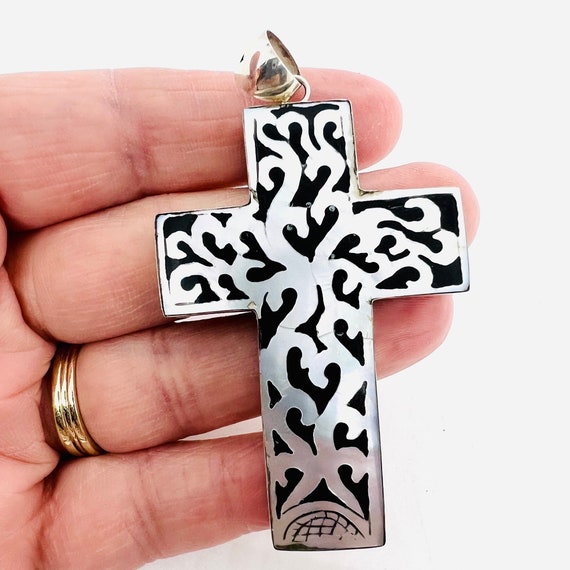 Sterling Silver Inlaid Mother of Pearl Ebony Cros… - image 7