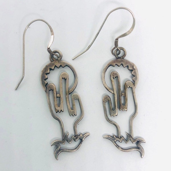 Glen Sandoval Sterling Silver Drop Dangle Earrings Desert Scene Sun Cactus Navajo Vintage Native American Jewelry