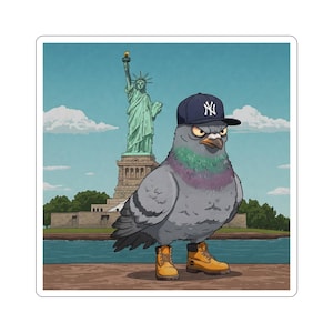 Mean NYC Pigeon with Lady Liberty Sticker - Laptop Decals, Fun Artwork, New York City Decor