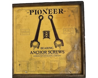 Vetrina espositiva vintage Pioneer per viti di ancoraggio cuscinetti automobilistici, completa di viti.