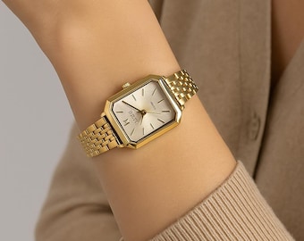 Reloj de mujer con esfera cuadrada dorada – Reloj de pulsera de inspiración vintage – Elegante reloj de cuarzo para uso diario