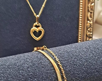 Reversible Heart Necklace Bracelet Set | Gold Stainless Steel Enamel Jewelry