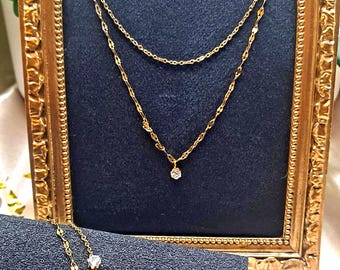 Conjunto de collar y pulsera solitarios de cristal dorado / Joyería delicada en capas