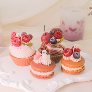 Handgemaakte dessertkaarsenset – 4-delige macaron- en cupcakekaarsen met aangepaste kleuren, geurend decoratief cadeau voor verjaardagen, huisdecoratie of feestjes