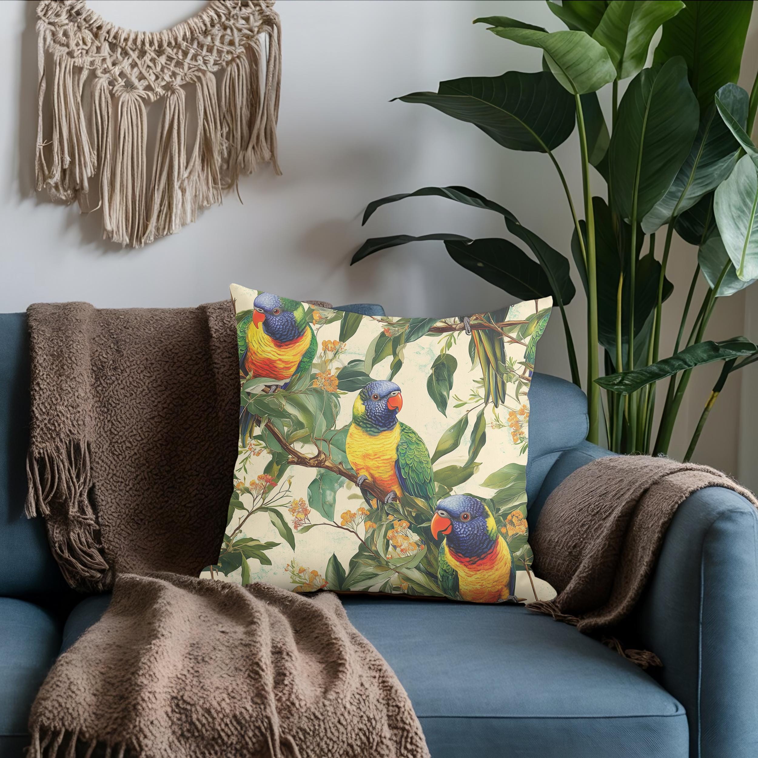 Boho Bird Square Pillow, Australian Rainbow Lorikeet, Goblincore Pillow, Vintage Pillow, Spun Polyester Pillow