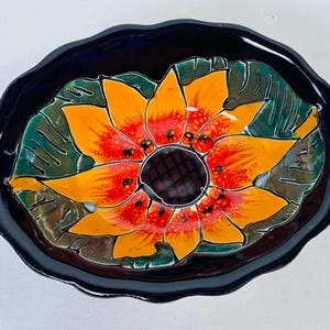 Hand-Painted Talavera Tray: Lead-Free Ceramic Dish Sunflower