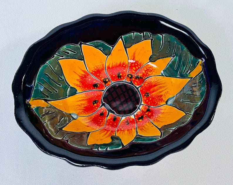 Hand-Painted Talavera Tray: Lead-Free Ceramic Dish Sunflower