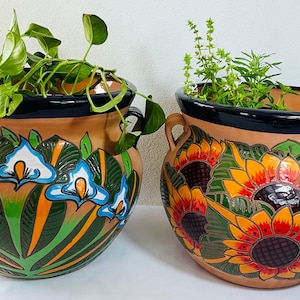 Könnte beinhalten: Zwei dekorative Keramik-Pflanzgefäße mit lebendigen Blumendesigns. Eines zeigt blau-weiße Blumen mit grünen und orangefarbenen Akzenten, das andere Sonnenblumen. Beide haben schwarze Ränder und Griffe und sind mit Grün gefüllt.