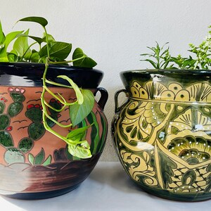 Könnte beinhalten: Zwei Keramik-Pflanztöpfe mit Griffen, jeweils gefüllt mit Grünzeug. Ein Topf zeigt eine Wüstenszene mit Kakteen und einem Cowboy, der andere ein grün-gelbes Blumendesign. Beide Töpfe haben einen dunklen Rand.