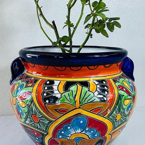 Puede incluir: Una maceta de cerámica redonda con un vibrante patrón floral pintado a mano en tonos naranja, verde, azul, rojo y amarillo. La maceta tiene un acabado brillante, un borde azul oscuro, dos asas laterales y contiene una planta verde.