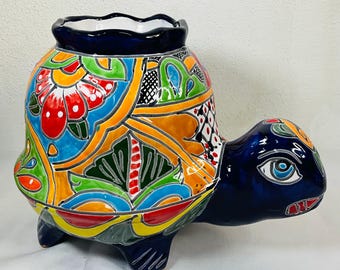 Beautiful Mexican Hand Painted Turtle Jewelry Box,painted Clay