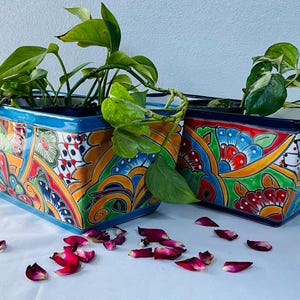 Hand Painted Talavera Flower Pot - long 13 1/2”Mexican Decor