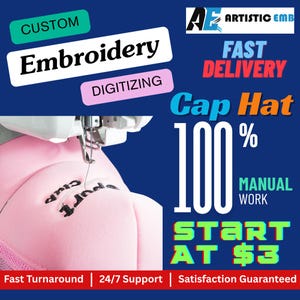 Könnte beinhalten: Bild mit Werbung für individuelle Stickereidienstleistungen. Text enthält "Stickerei", "Digitalisierung", "Cap Hat" und "100% Manuelle Arbeit". Eine rosa Kappe wird bestickt. Der Text "Ab $3" ist ebenfalls sichtbar.