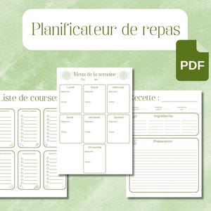 Peut inclure: Planificateur de repas imprimable en français avec des sections pour un menu hebdomadaire, une liste de courses et une recette. Le planificateur a un schéma de couleurs vert et blanc.
