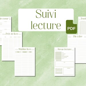 May include: Printable PDF download of a reading tracker and planner. The pages include sections for "Coup de coeur", "Prêt de livre", "Wishlist livre", "Revue lecture", "Tracker lecture", and "Pile à lire".