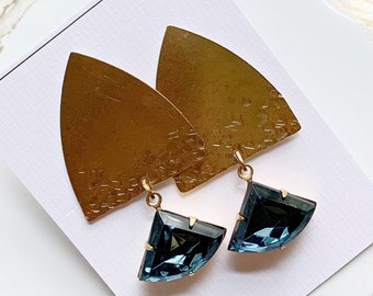 Modern Hammer Textured Yellow Brass Triangles with Vintage Blue Glass Stones