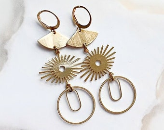 Long Round Oval Yellow Brass Modern Sunshine Fancy Dangle and Drop Earrings