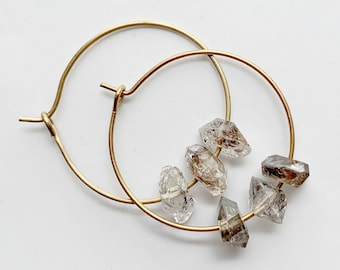 Brass Hoop and Raw Quartz Stone Earrings: