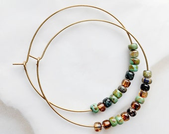 Glass Bead Brass Hoop Earrings