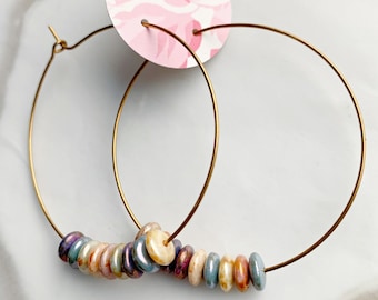 Light Colors Glass Disk Bead Hoop Earrings