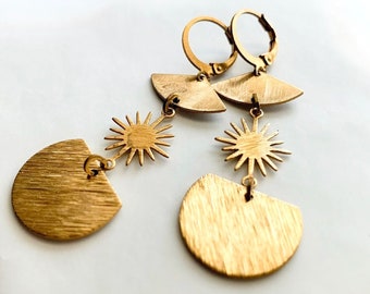 Long Brass Modern Sun Dangle Earrings