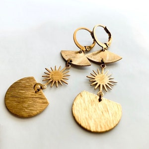 Long Brass Modern Sun Dangle Earrings